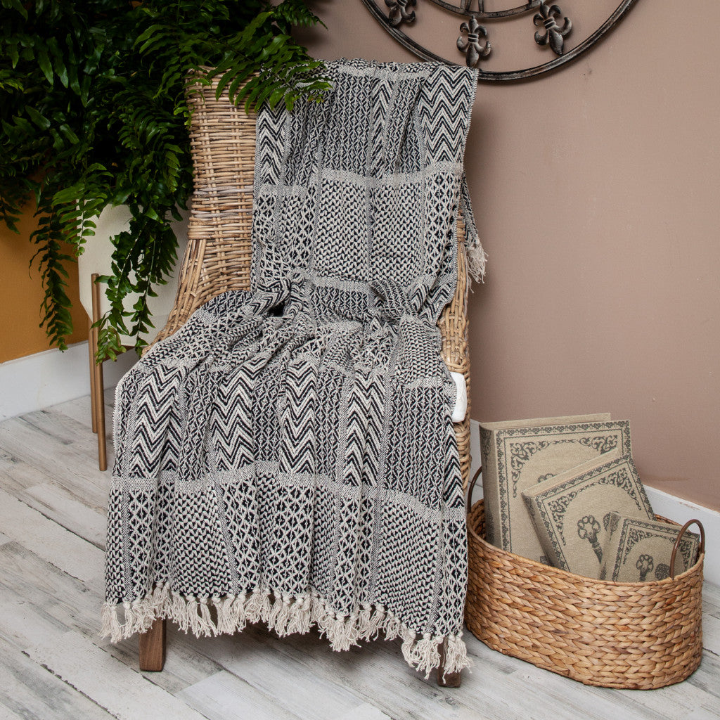 Beige and Black Multi Pattern Woven Handloom Throw Blanket