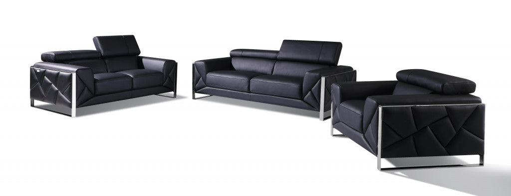 Three Piece Indoor Black Italian Leather Six Person Seating Set