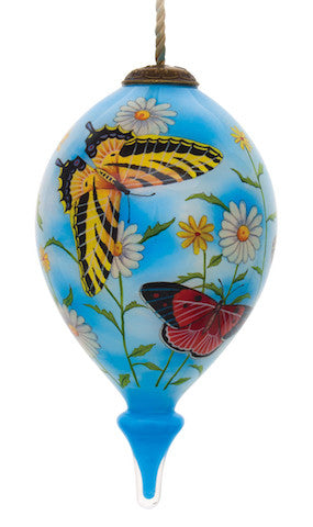 Daisy Delight and Butterflies Hand Painted Mouth Blown Glass Ornament