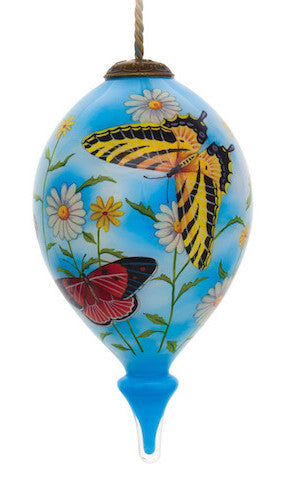 Daisy Delight and Butterflies Hand Painted Mouth Blown Glass Ornament