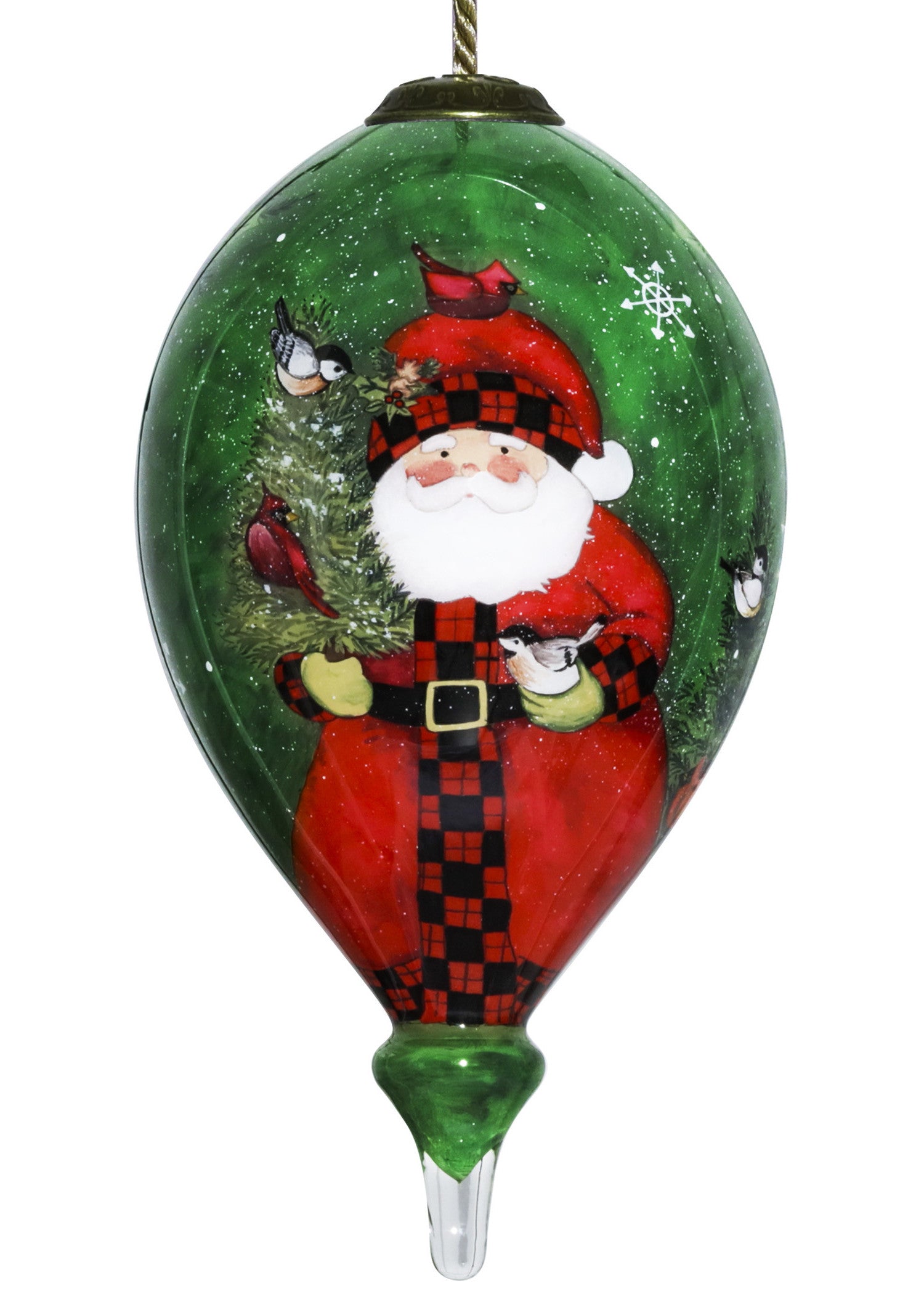 Green Plaid Santa Hand Painted Mouth Blown Glass Ornament