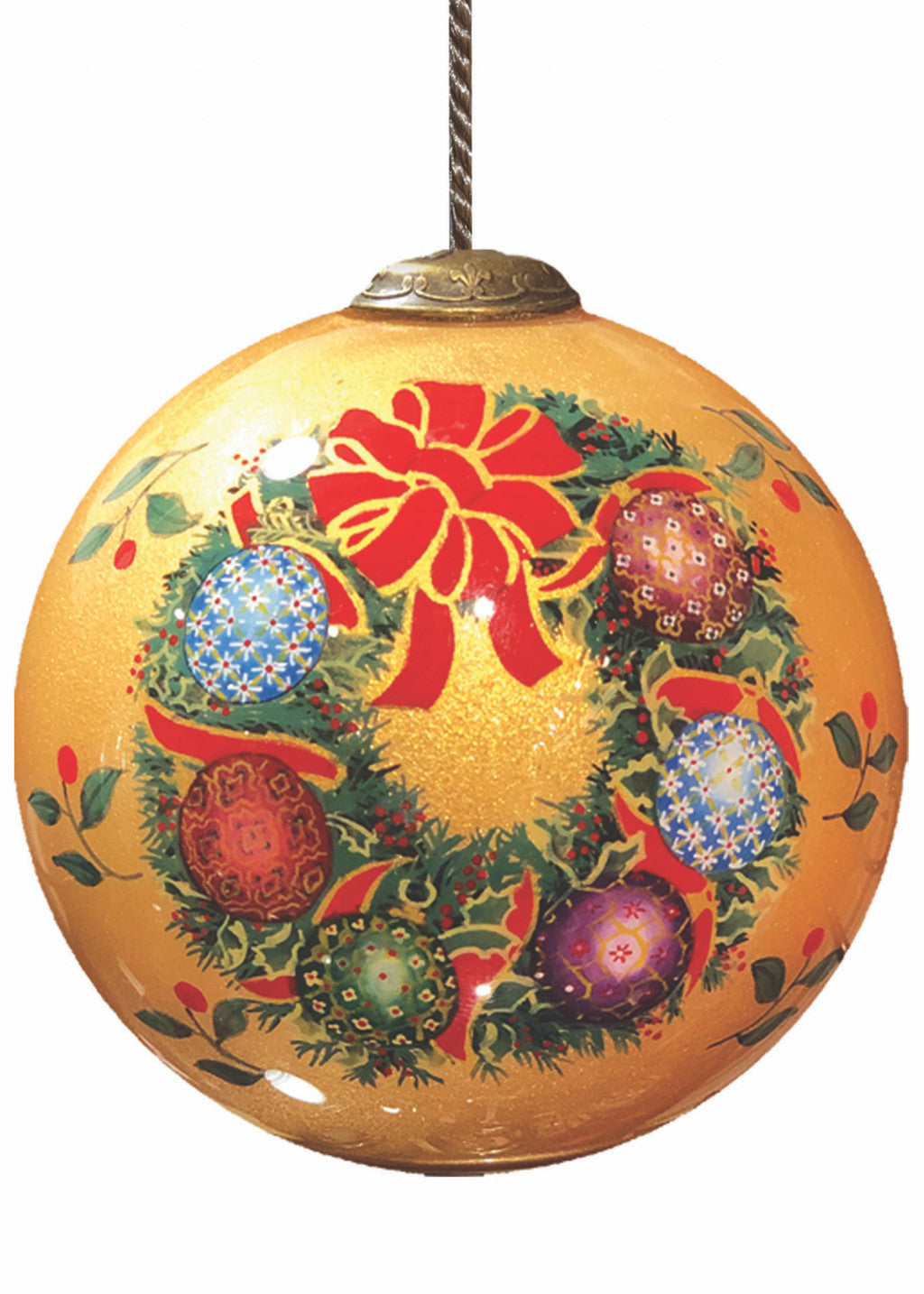 Holly and Wreath with Colorful Balls Hand Painted Mouth Blown Glass Ornament