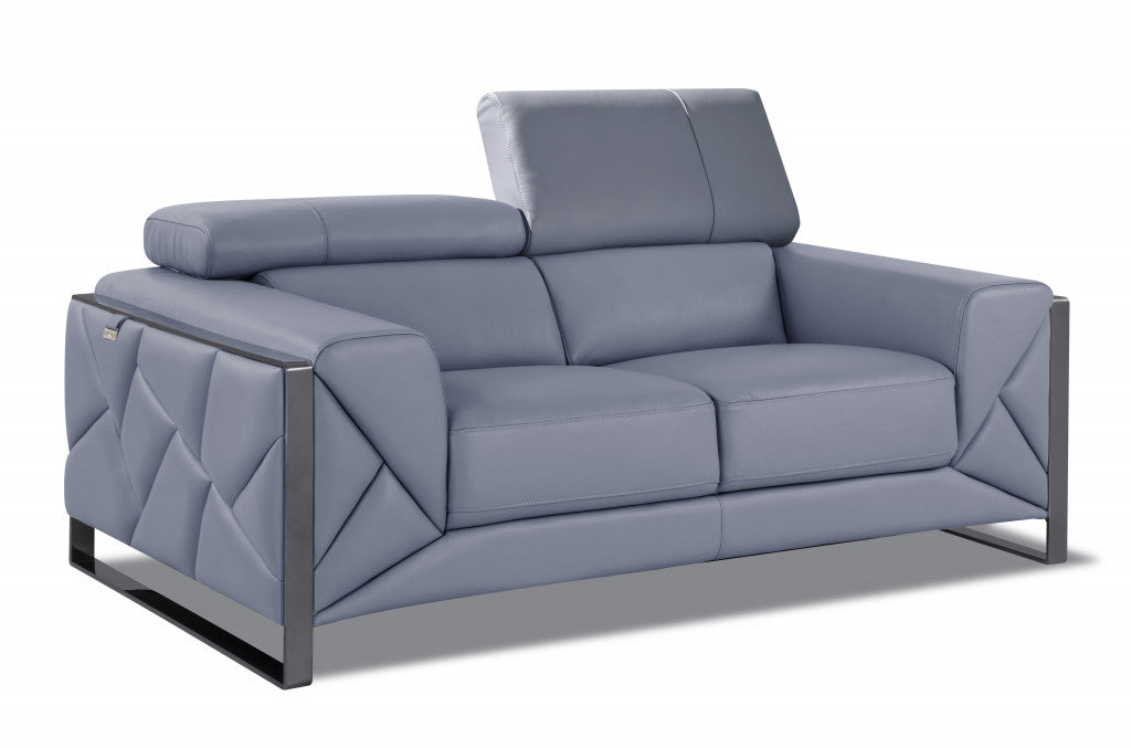 75" Light Blue And Black Italian Leather Loveseat