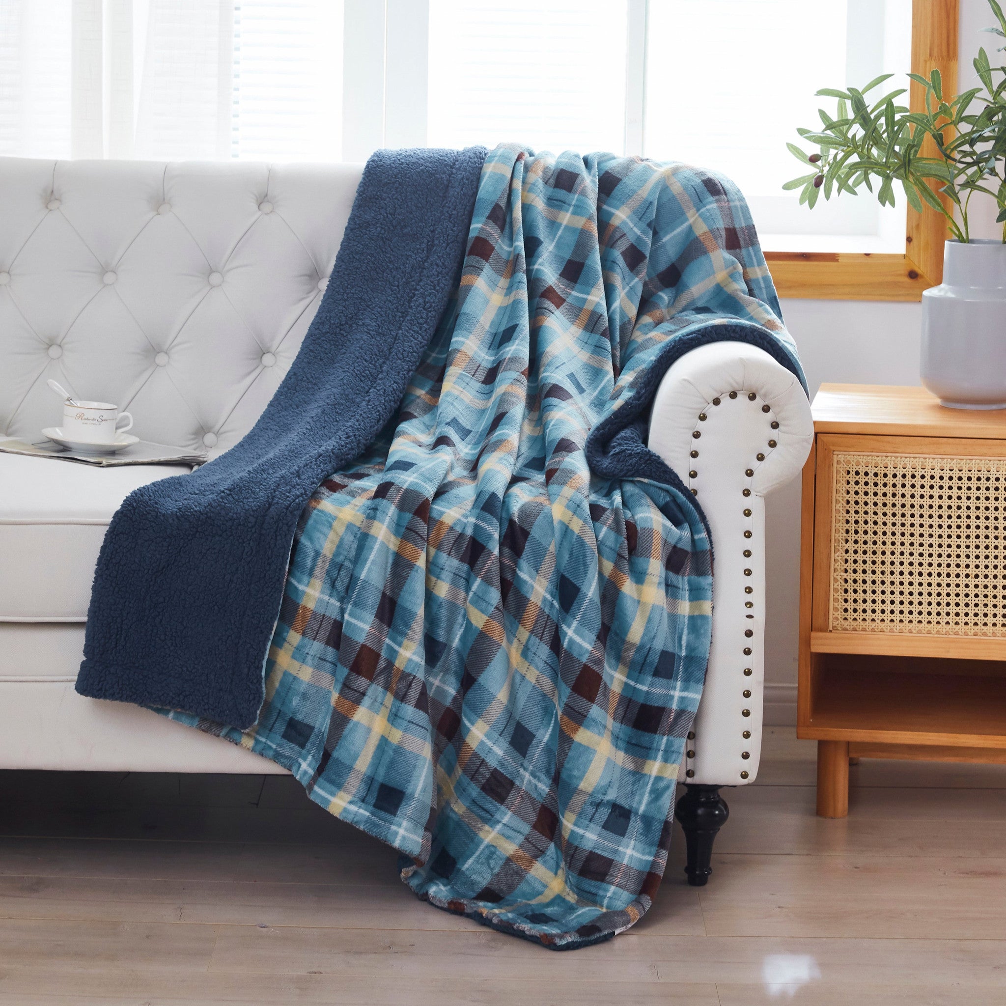 Blue Plaid Reversible Velvet and Sherpa Throw Blanket