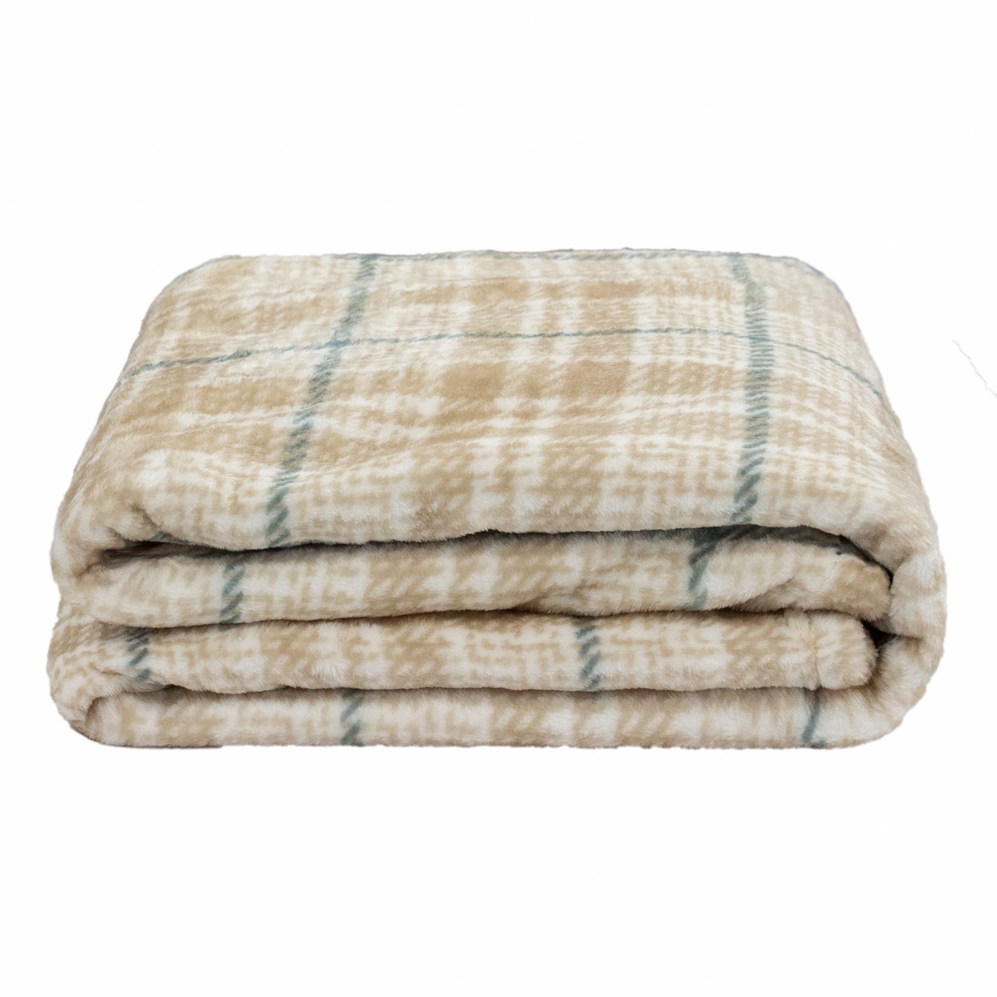 Brushed Check Tan Green Reversible Velvet and Sherpa Throw Blanket