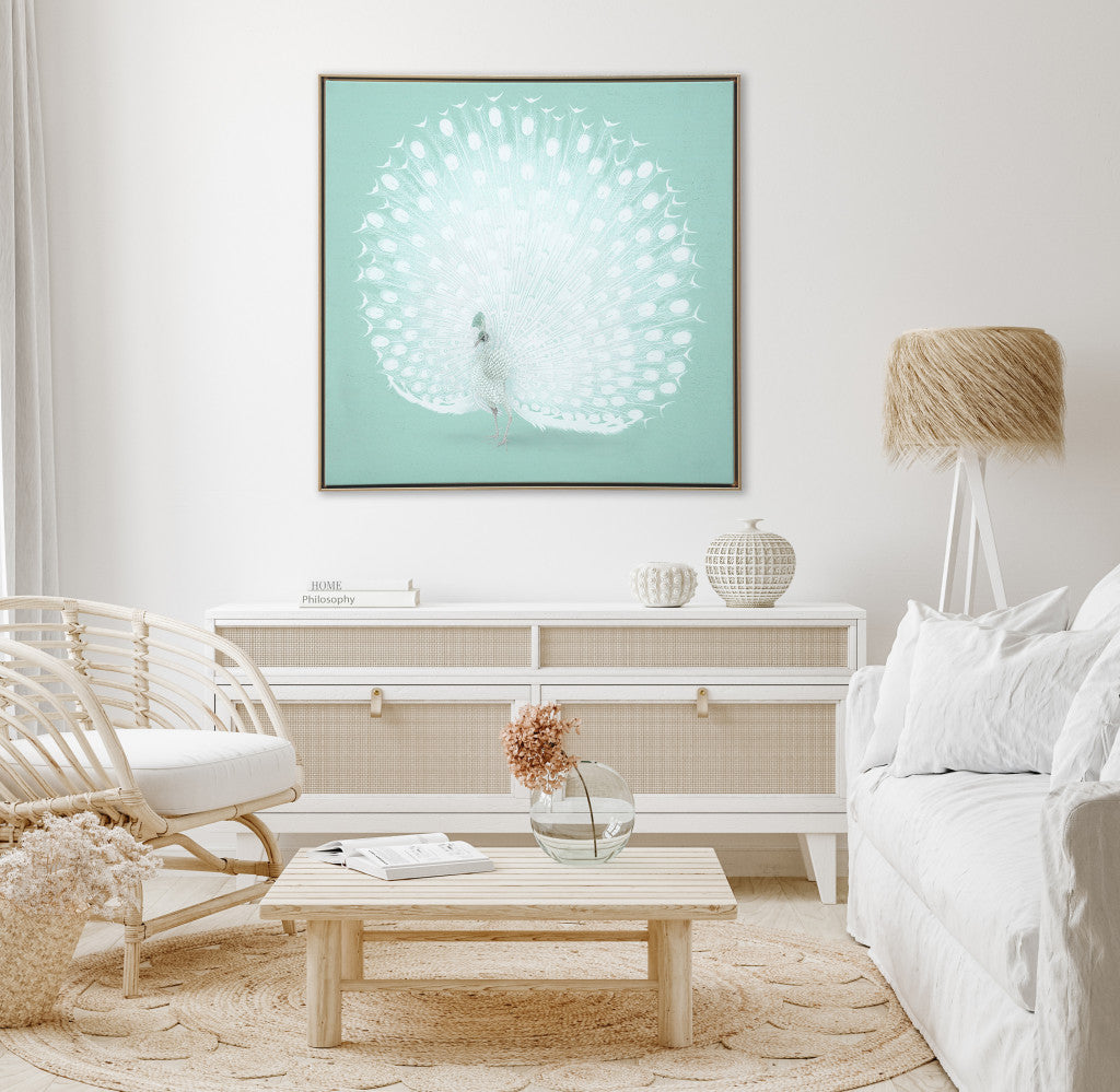 White Peacock on Green Gold Floater Frame Canvas Wall Art