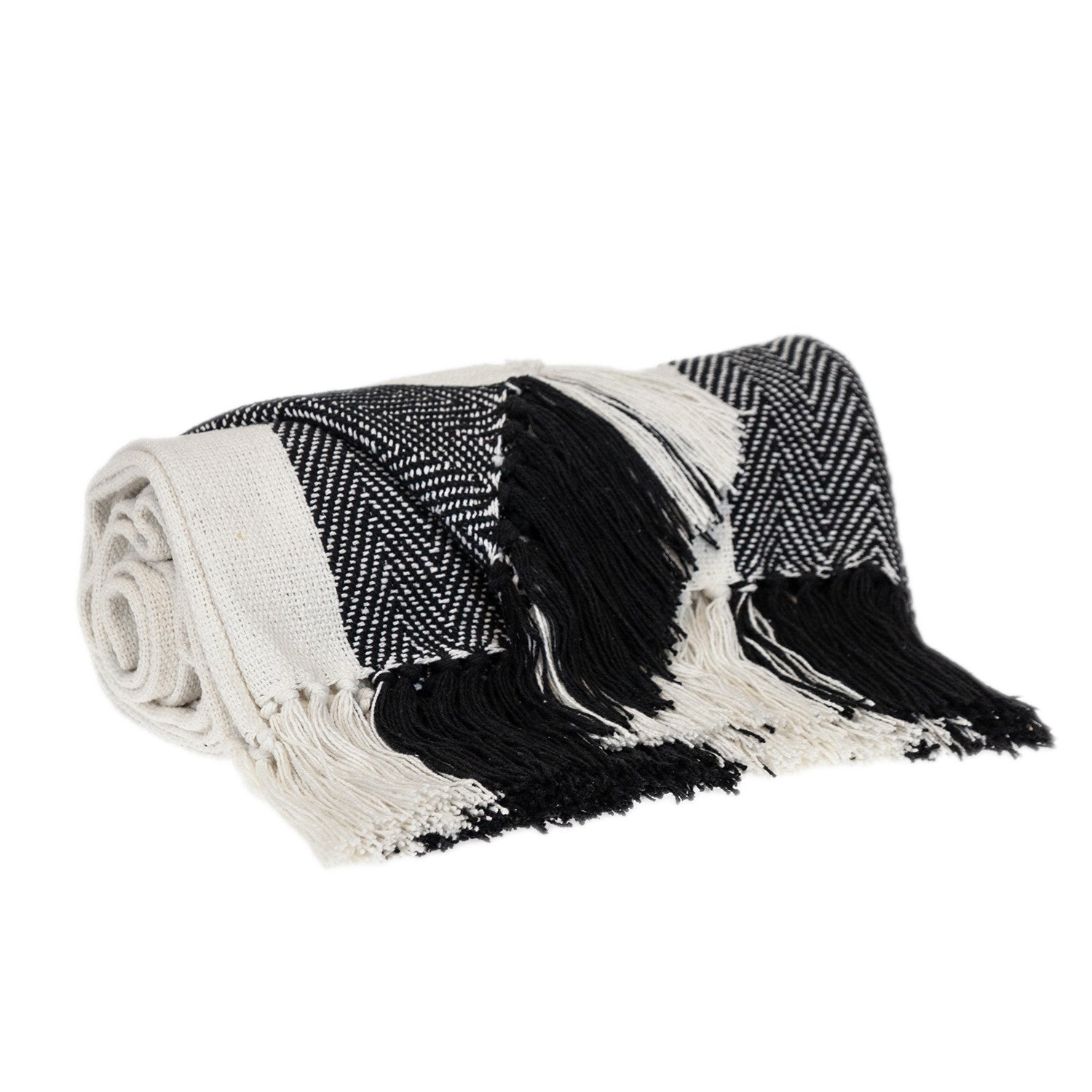 Black and White Woven Cotton Striped Throw Blanket