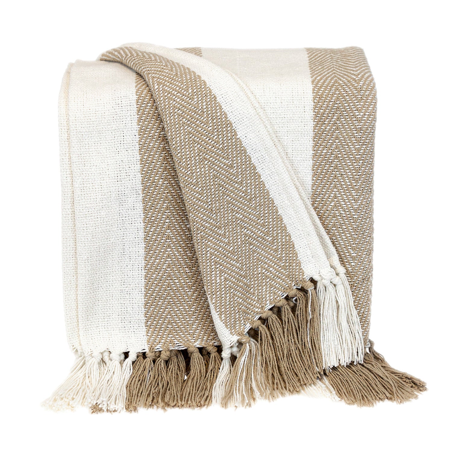 Beige Woven Cotton Striped Throw Blanket