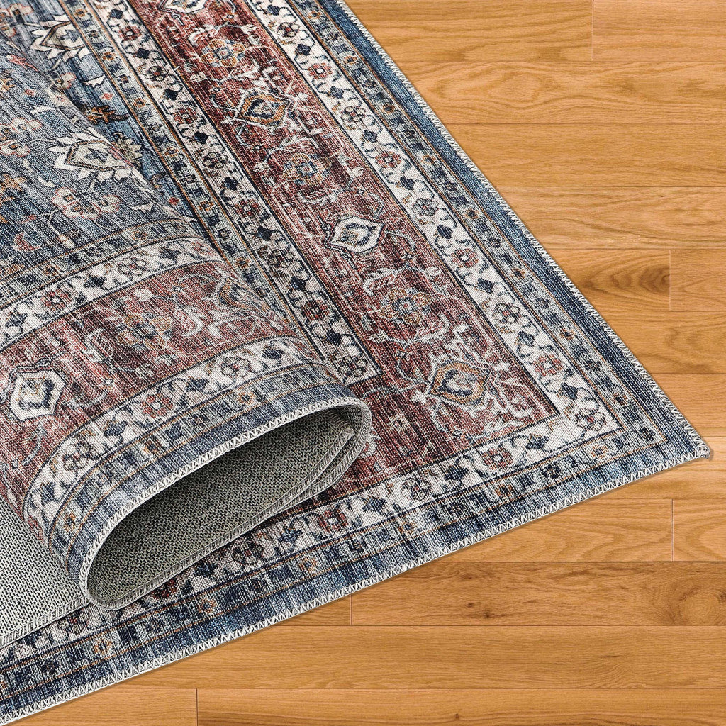 8' X 10' Blue Oriental Distressed Stain Resistant Area Rug