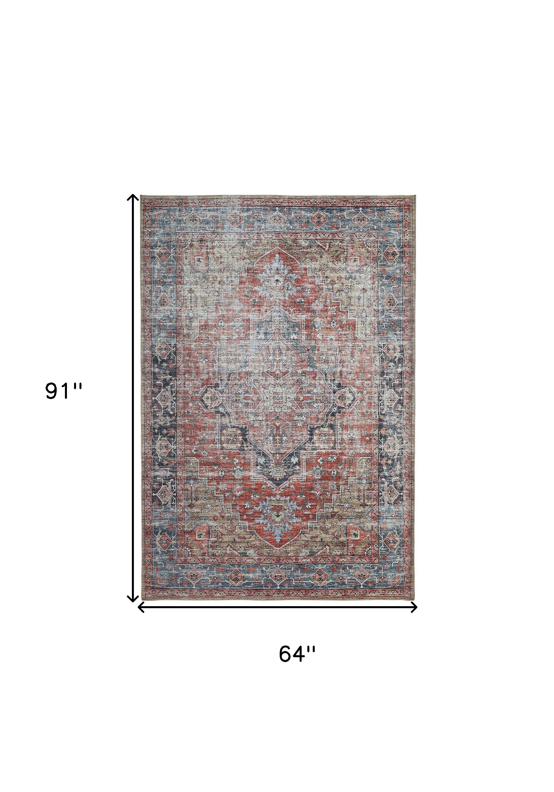 5' X 8' Rust Oriental Distressed Stain Resistant Area Rug