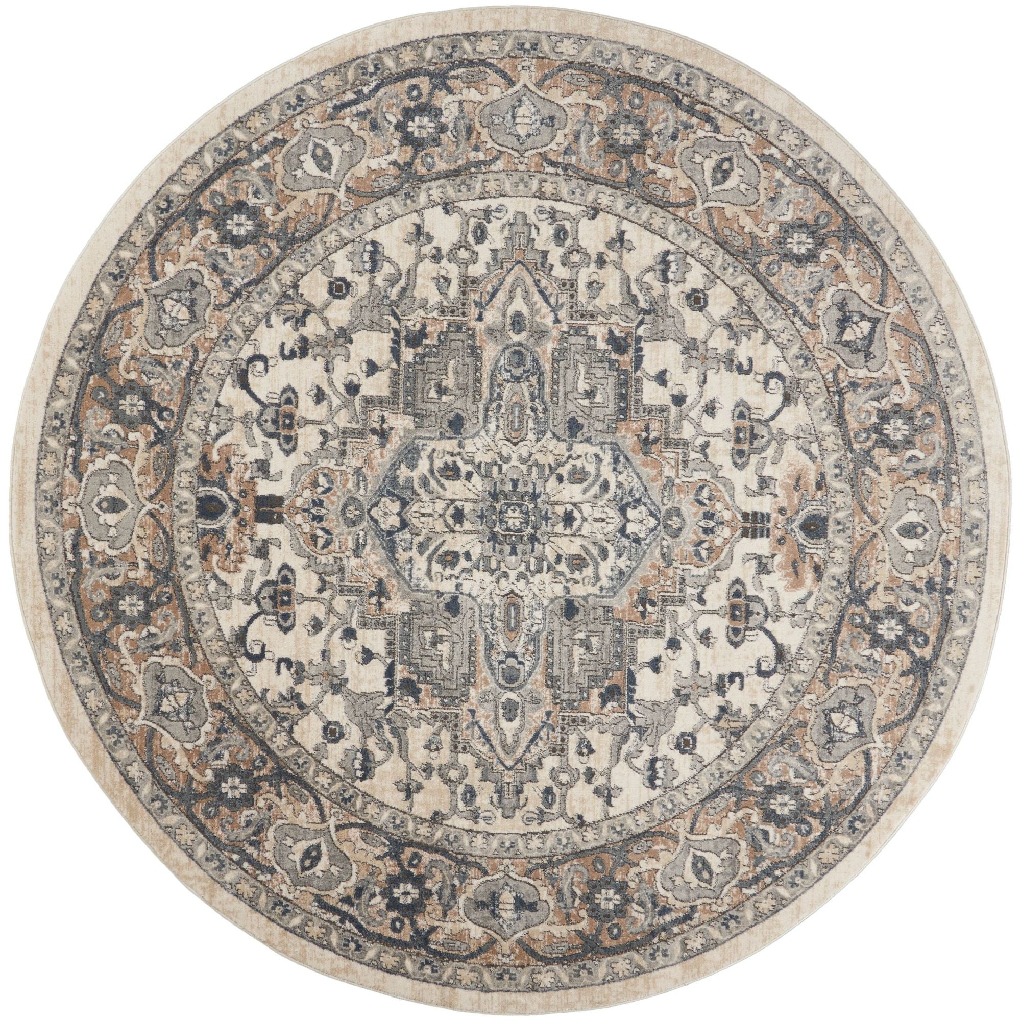 8' Ivory And Grey Round Oriental Power Loom Non Skid Area Rug