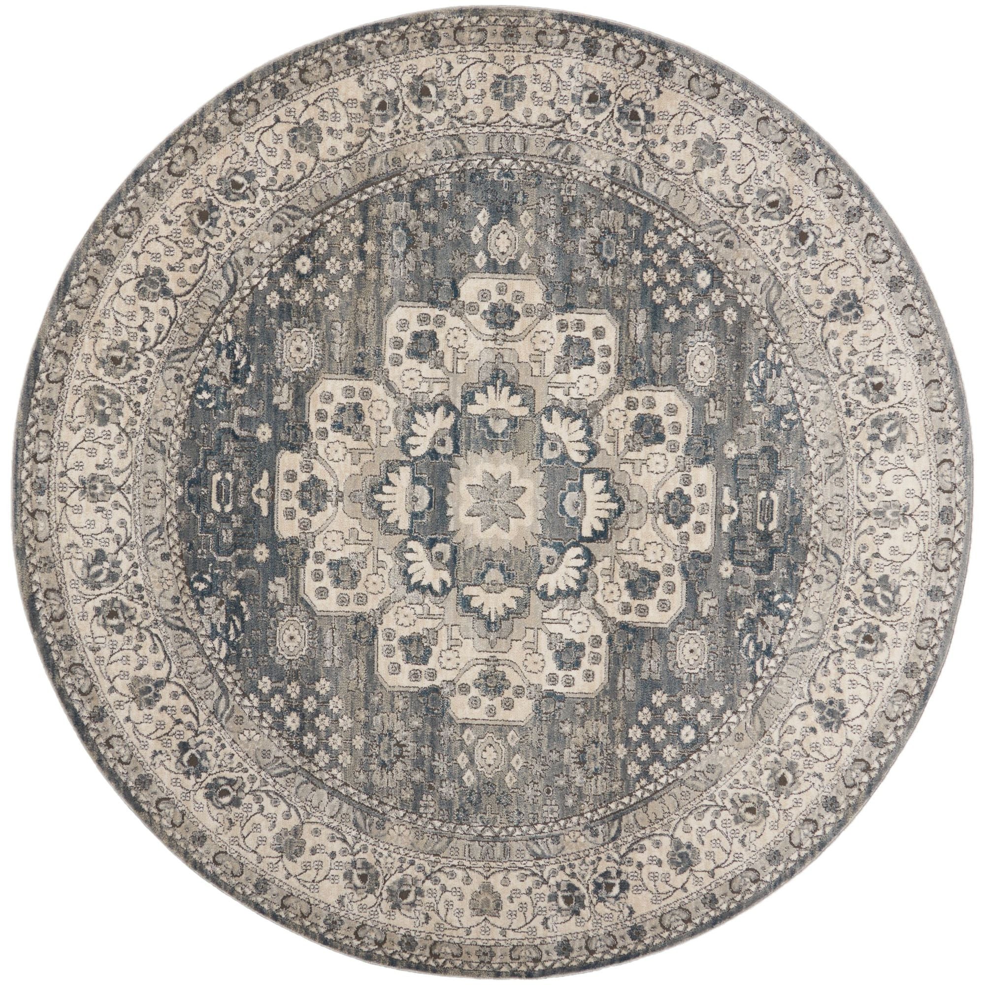 8' Grey And Ivory Round Oriental Power Loom Non Skid Area Rug