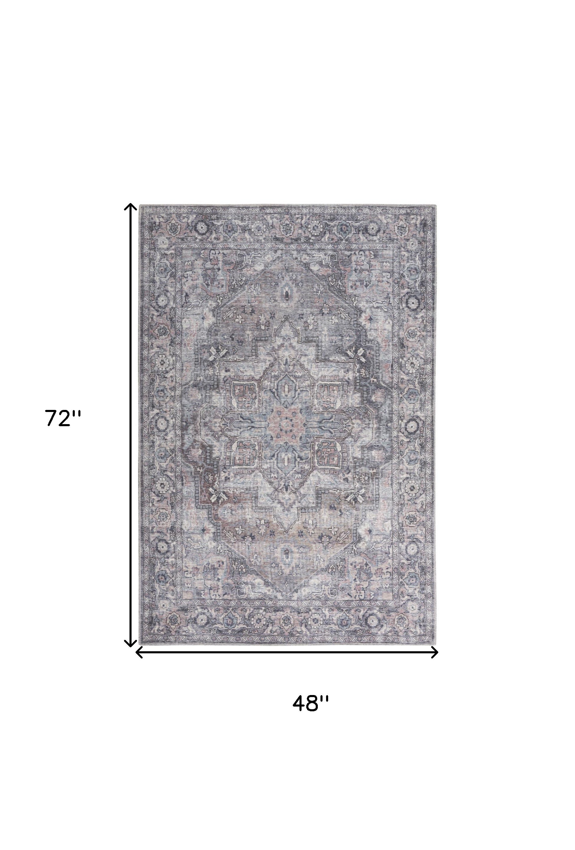 4' X 6' Grey Oriental Power Loom Distressed Washable Area Rug