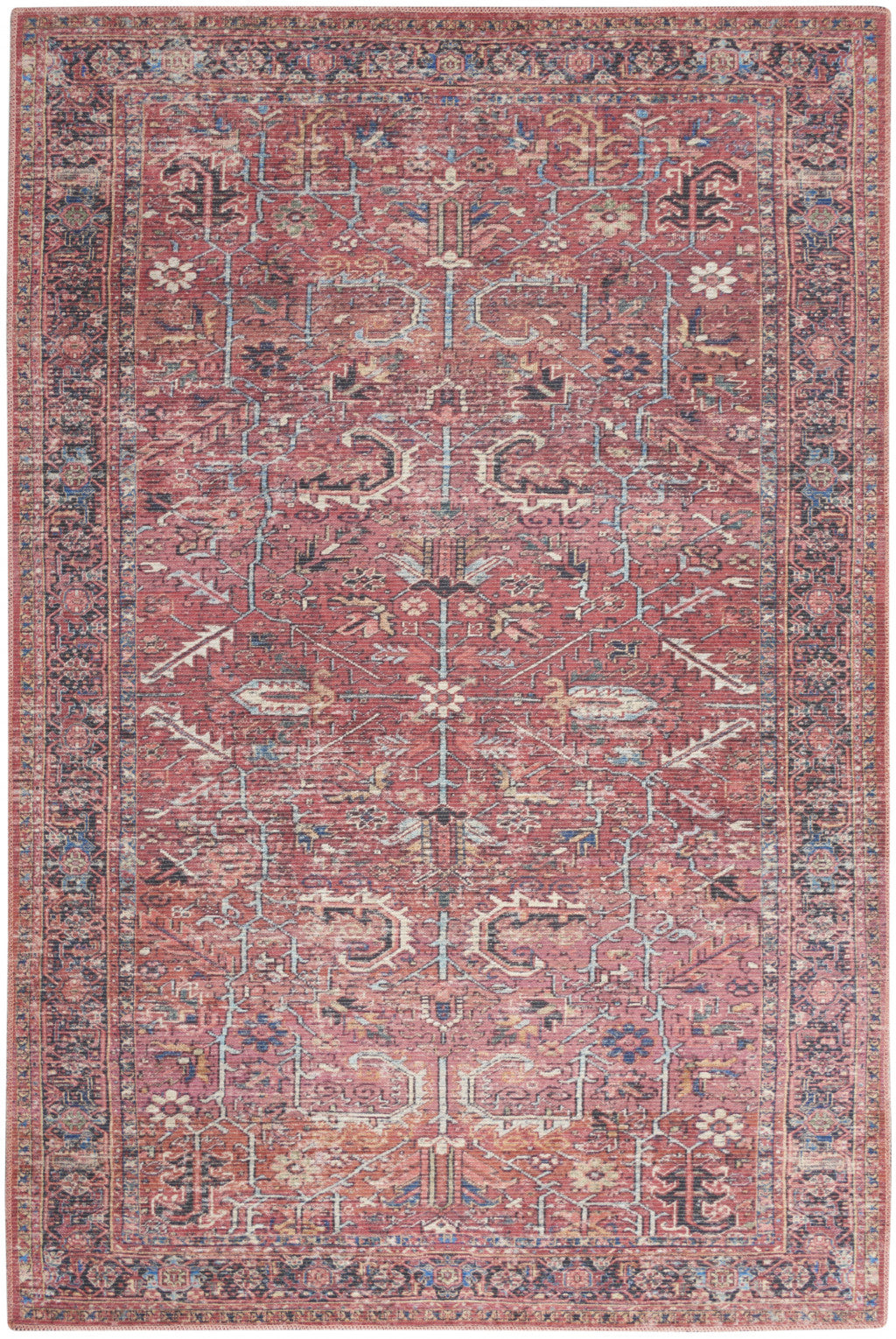 5' X 7' Brick Oriental Power Loom Distressed Washable Area Rug