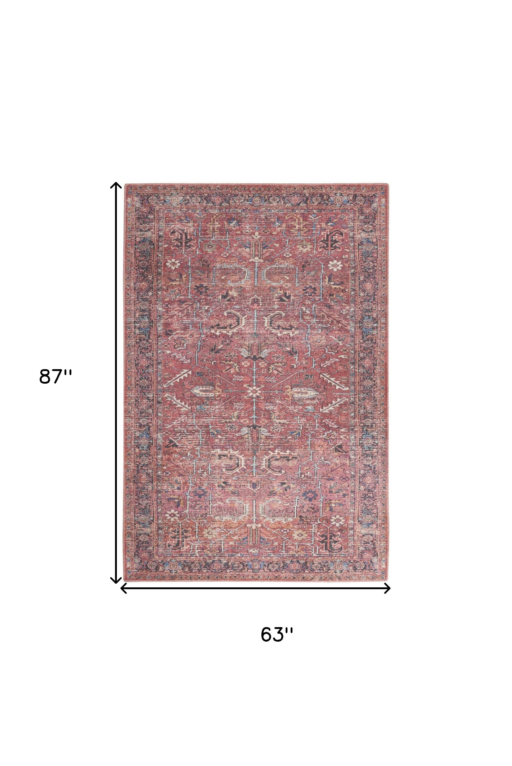 5' X 7' Brick Oriental Power Loom Distressed Washable Area Rug