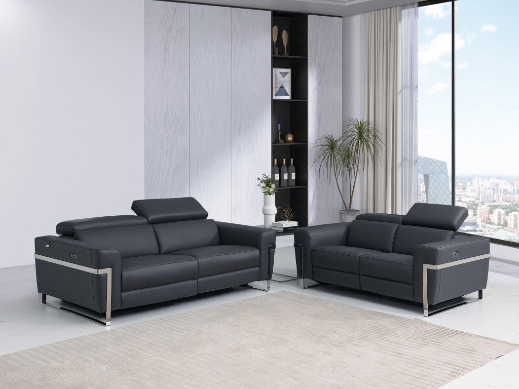 Two Piece Indoor Dark Gray Italian Leather Five Person Seating Set