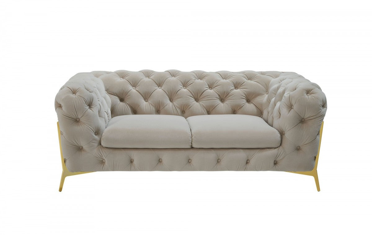 Glam 74" Beige Velvet And Gold Loveseat