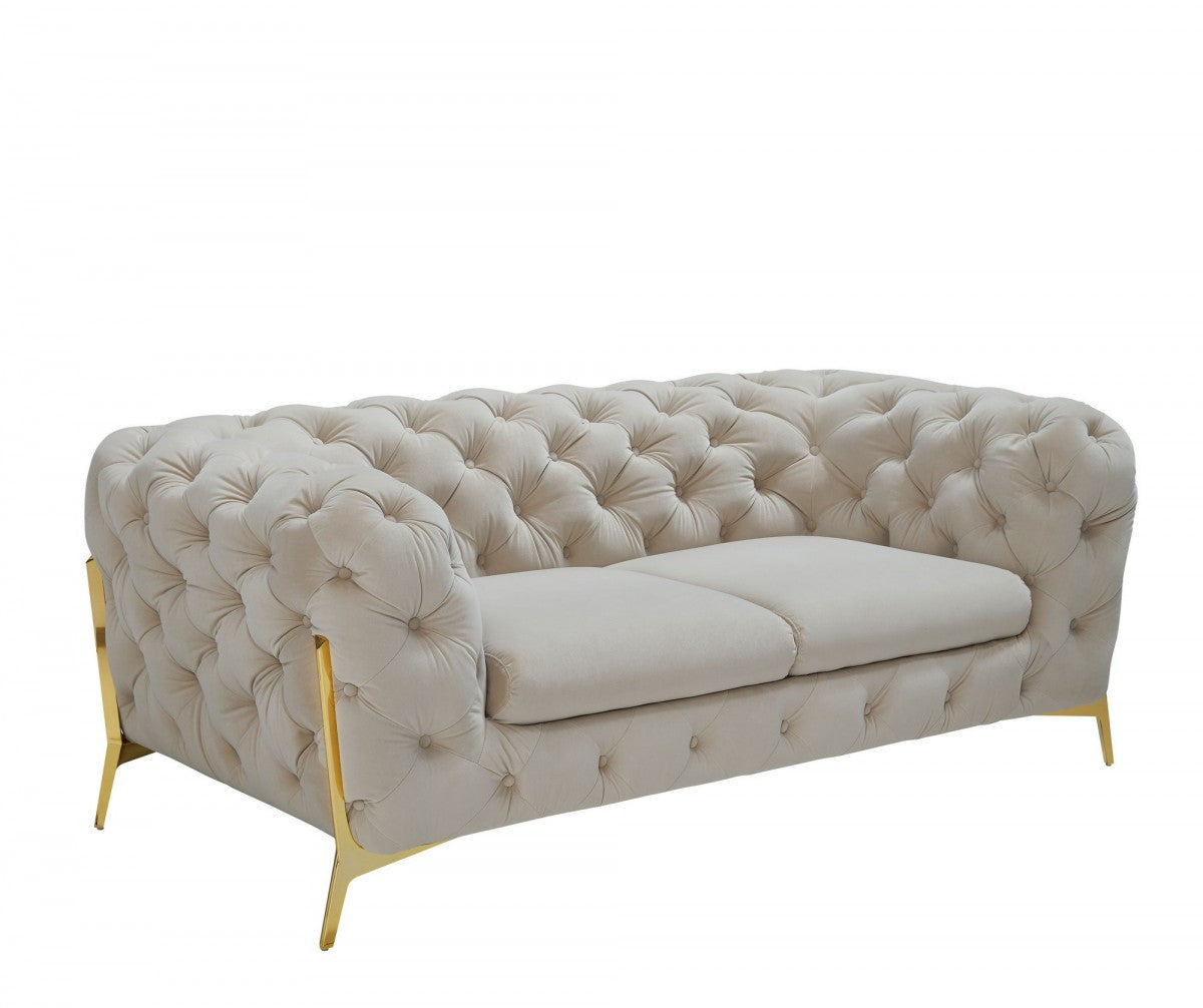 Glam 74" Beige Velvet And Gold Loveseat