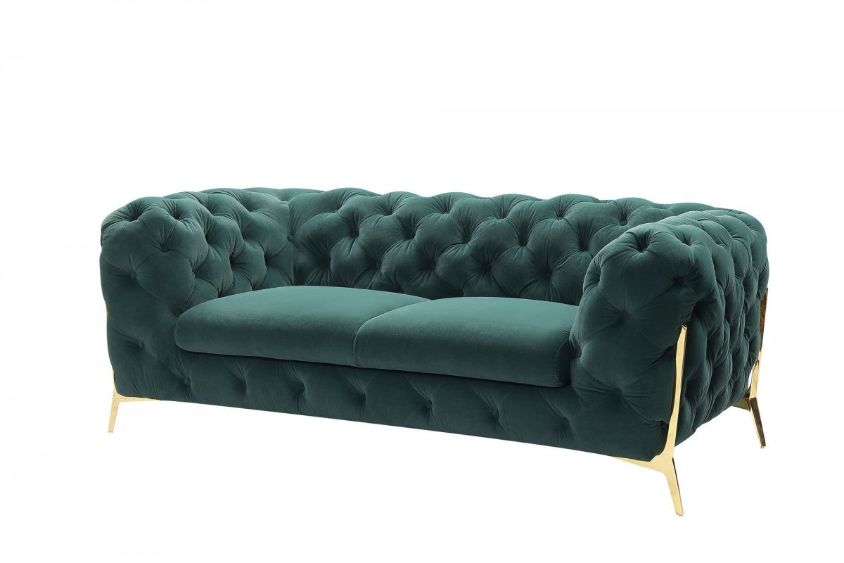 74" Emerald Green And Gold Velvet Loveseat