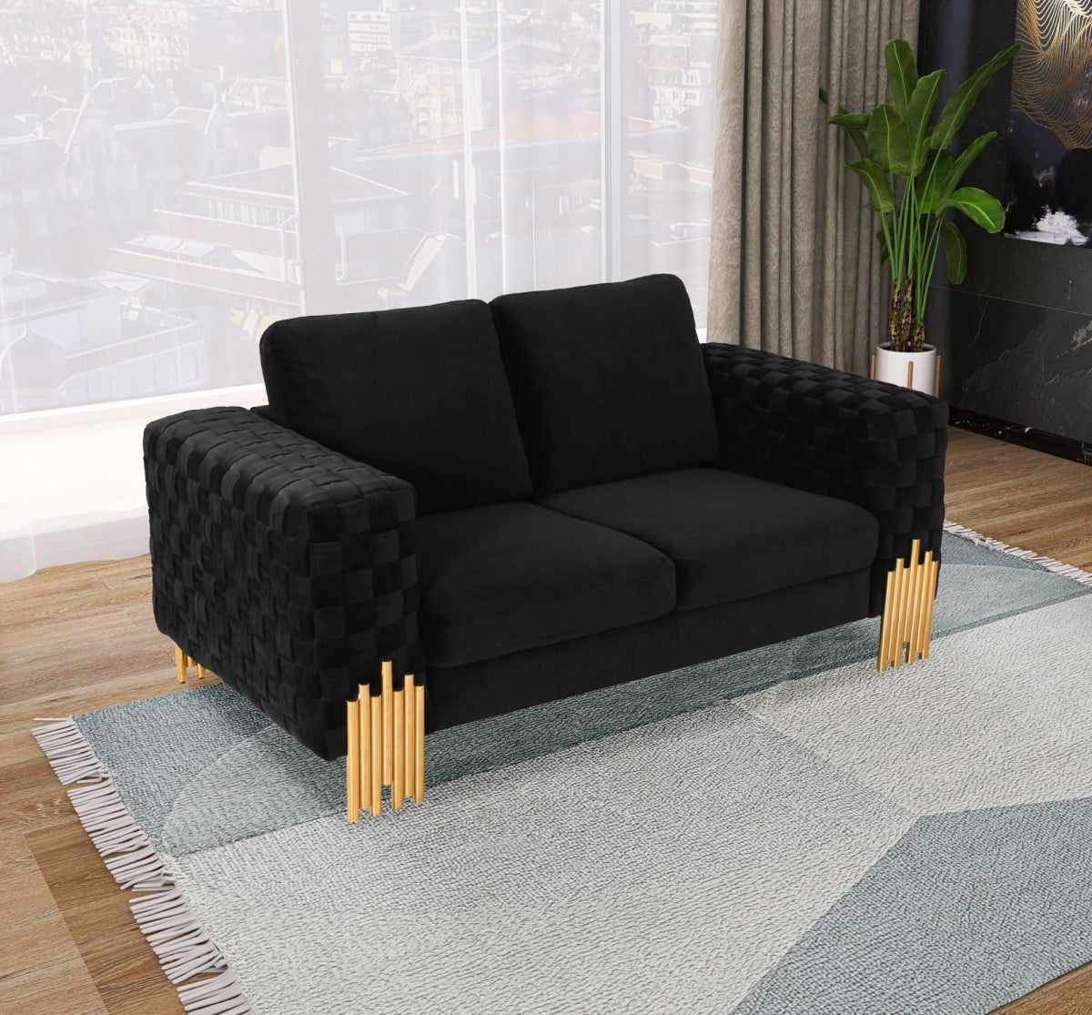 Stylish 69" Black Velvet And Gold Accent Loveseat