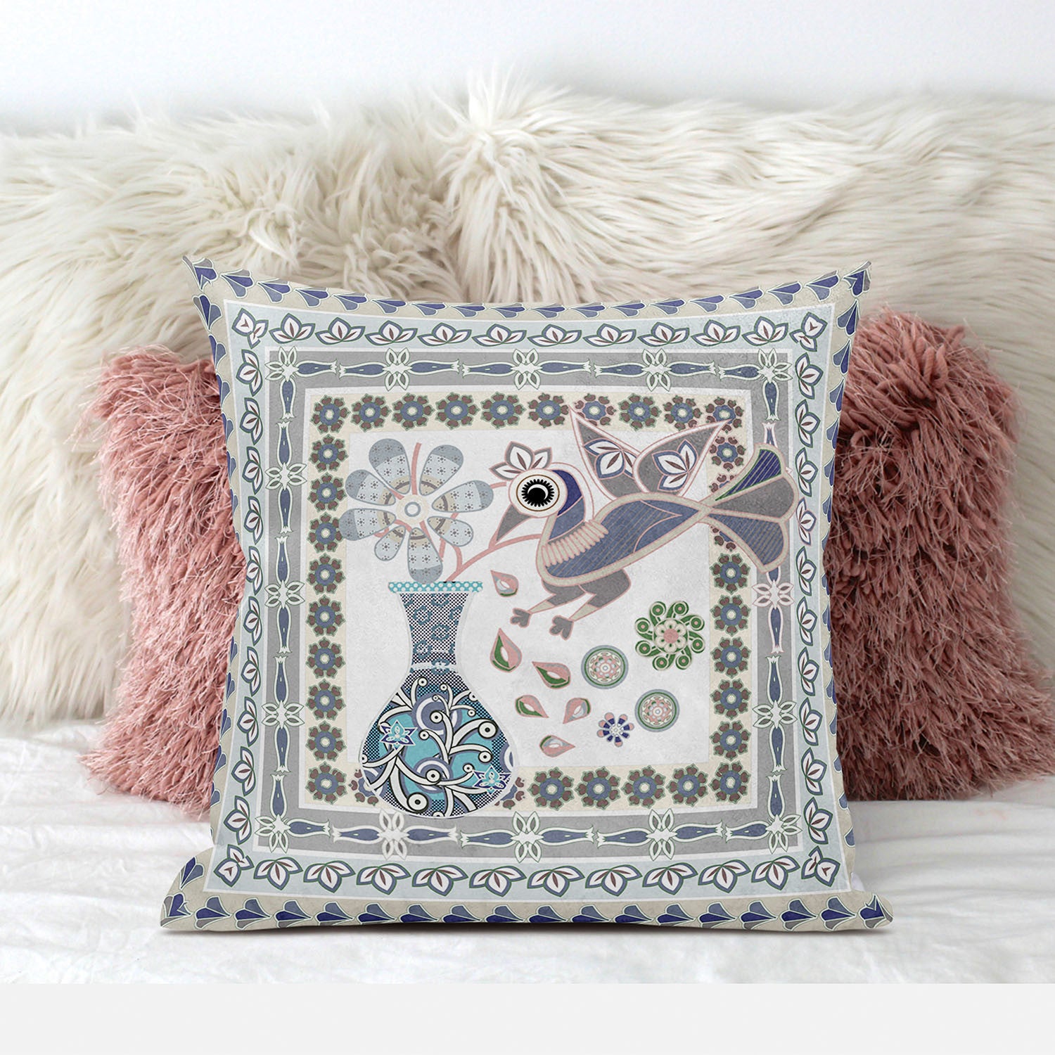 16" X 16" Blue and Gray Peacock Broadcloth Floral Zippered Pillow