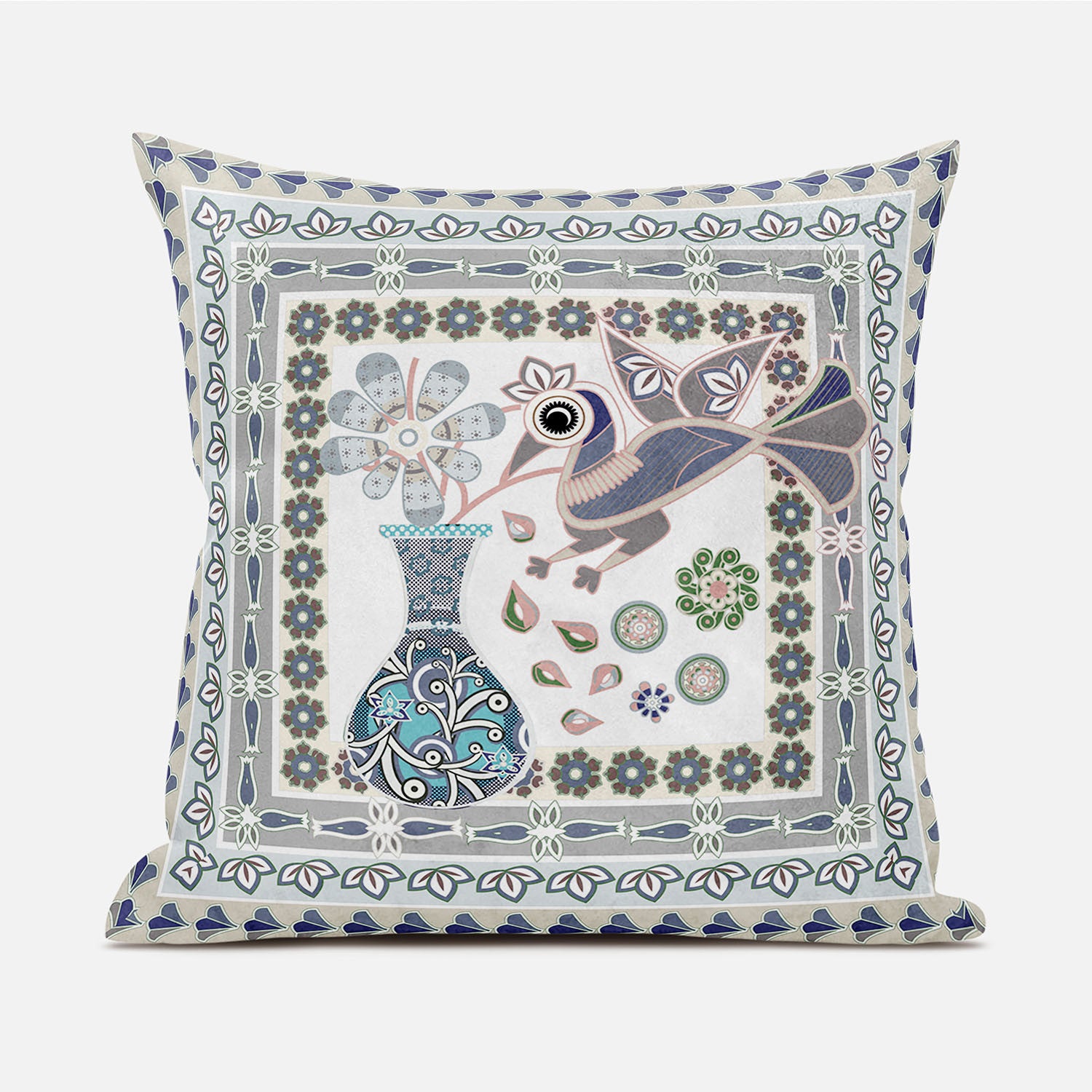 16" X 16" Blue and Gray Peacock Broadcloth Floral Zippered Pillow