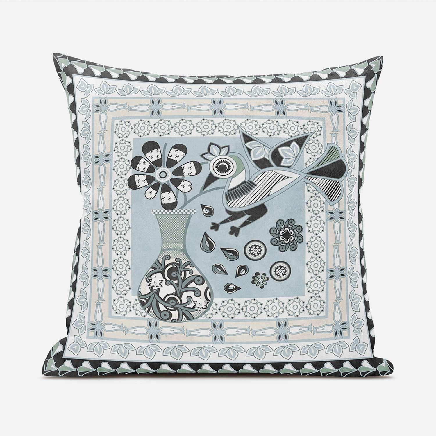 16" X 16" Blue and Black Peacock Broadcloth Floral Zippered Pillow