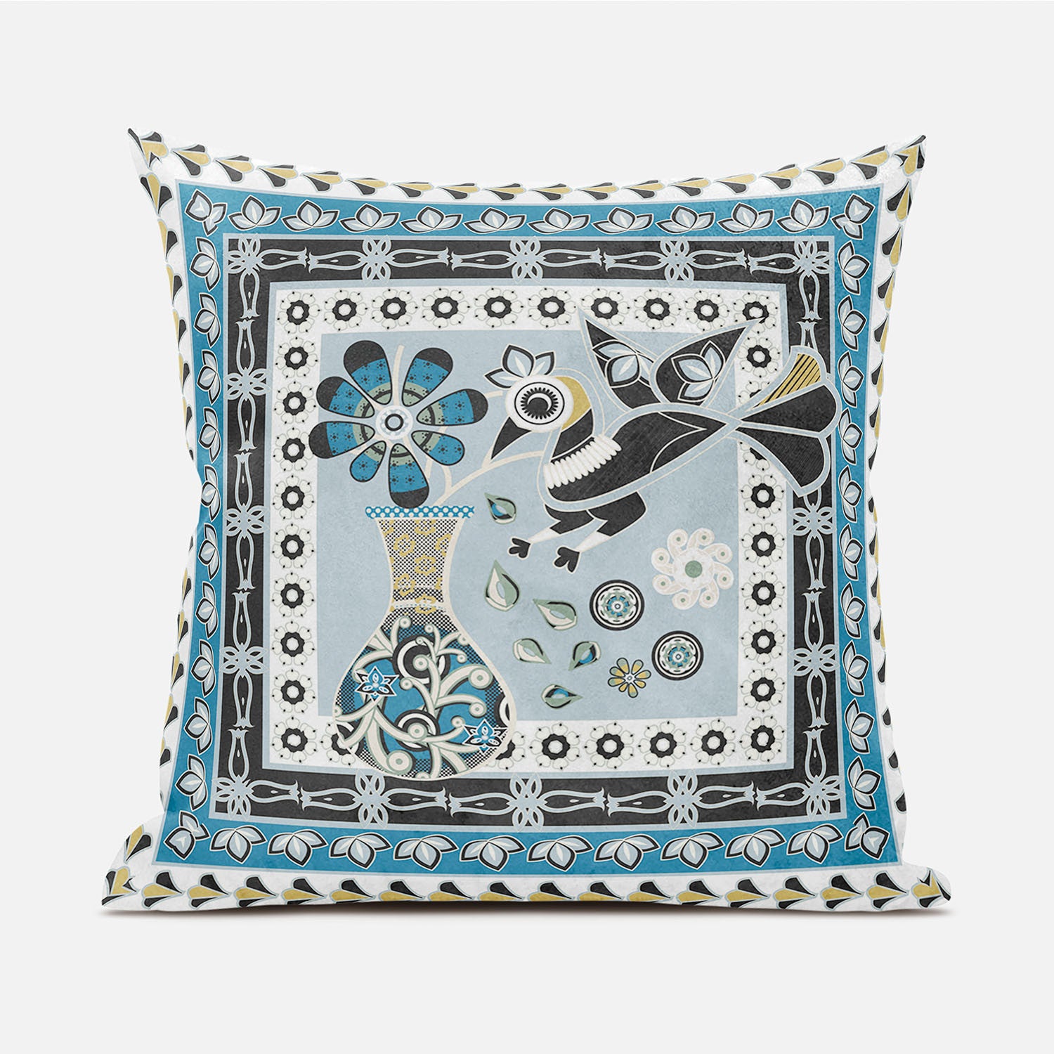 16" X 16" Blue and Black Peacock Broadcloth Floral Zippered Pillow