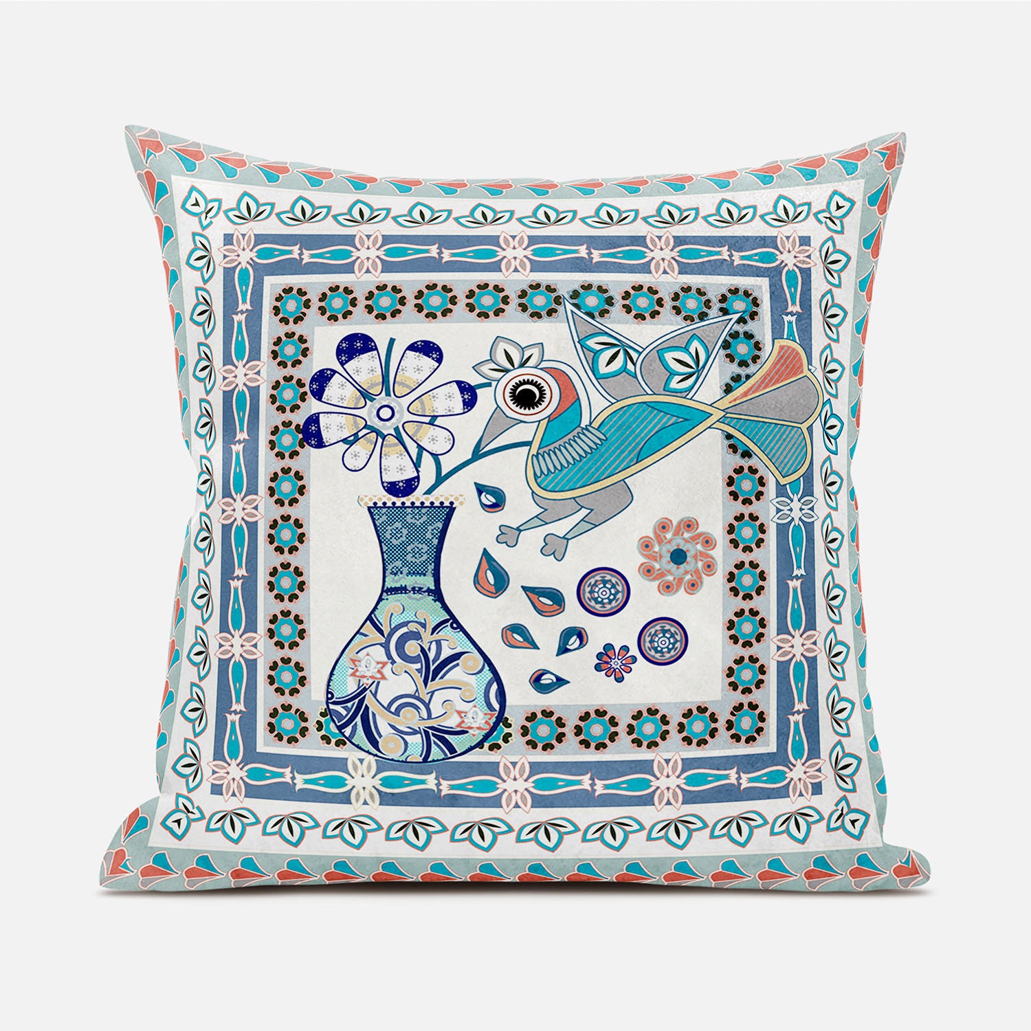 18" X 18" Blue and Off White Peacock Broadcloth Floral Zippered Pillow