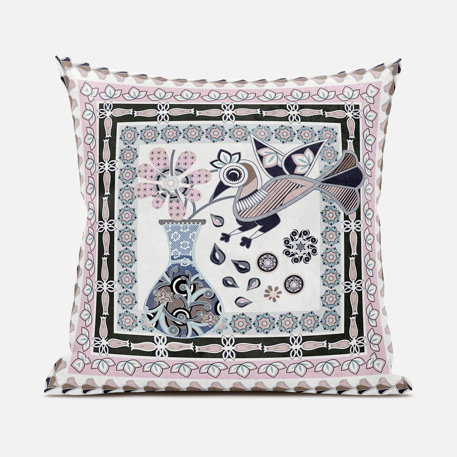 16" X 16" Pink and Black Peacock Broadcloth Floral Zippered Pillow