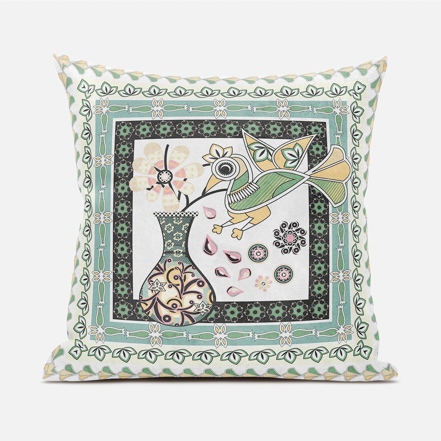 16" X 16" Green and Yellow Peacock Broadcloth Floral Zippered Pillow