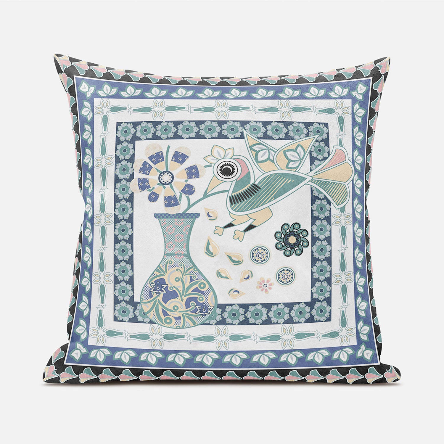 16" X 16" Blue and White Peacock Broadcloth Floral Zippered Pillow