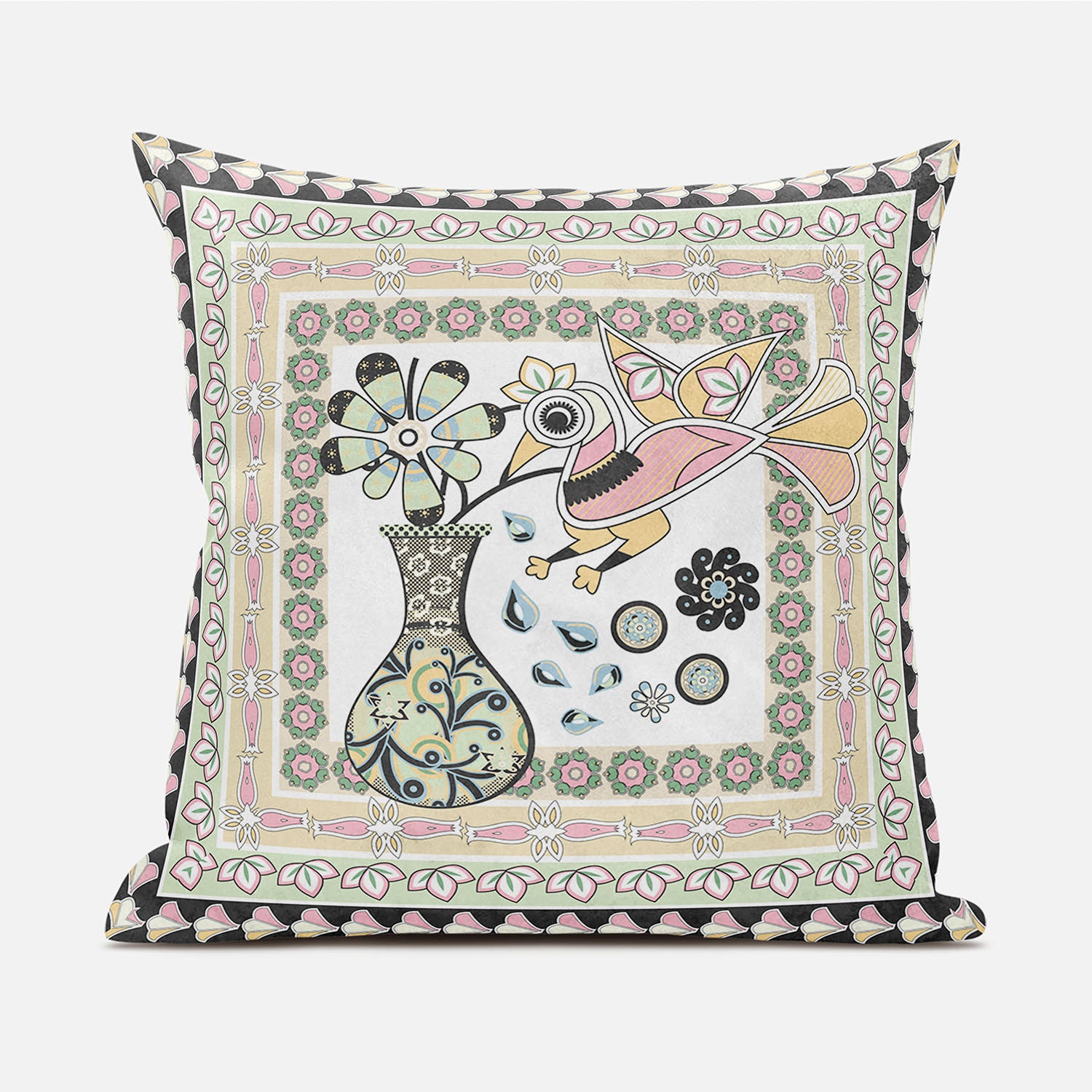 16" X 16" Pink and White Peacock Broadcloth Floral Zippered Pillow