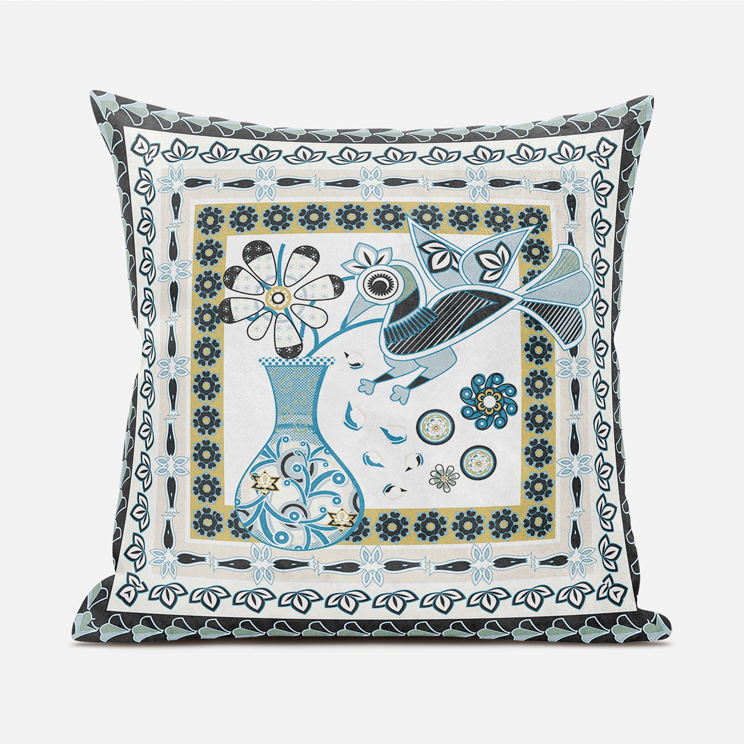 16" X 16" Black and Blue Peacock Broadcloth Floral Zippered Pillow