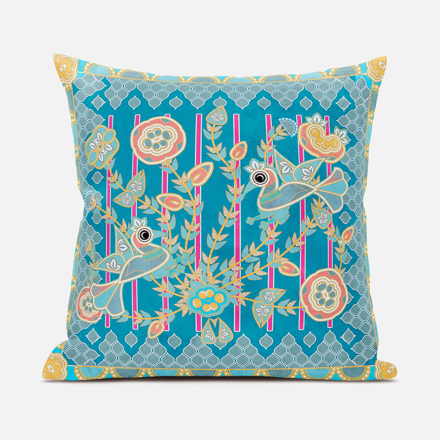 16" X 16" Blue and Gold Peacock Broadcloth Floral Zippered Pillow