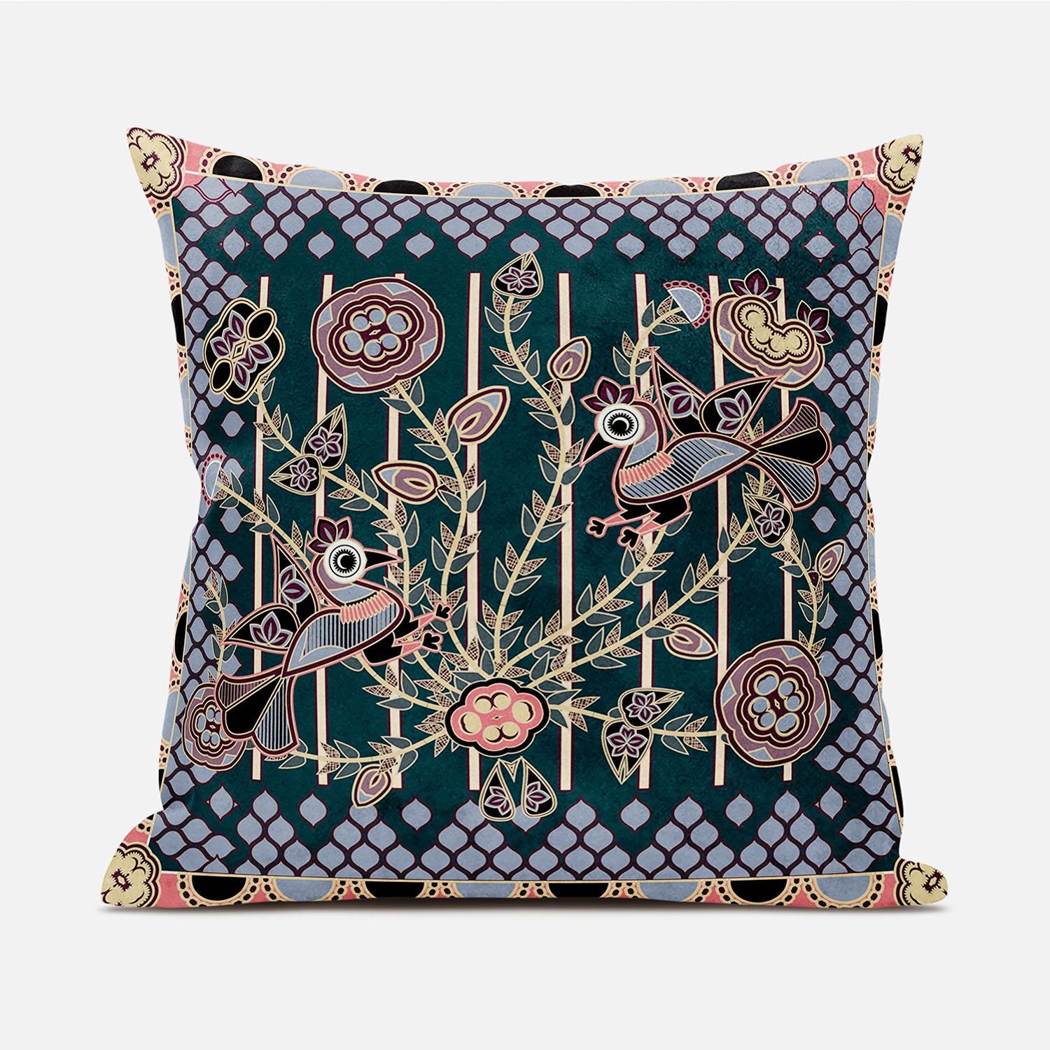 16" X 16" Blue and Green Peacock Broadcloth Floral Zippered Pillow