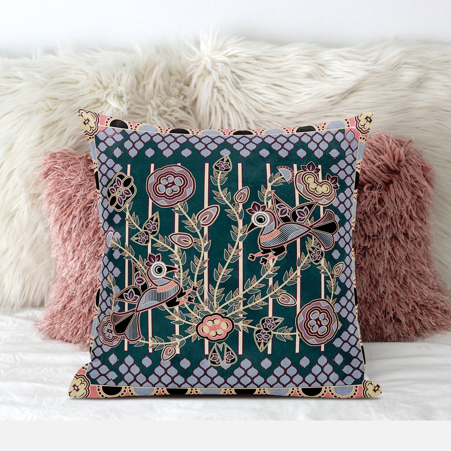 20" X 20" Blue and Green Peacock Broadcloth Floral Zippered Pillow