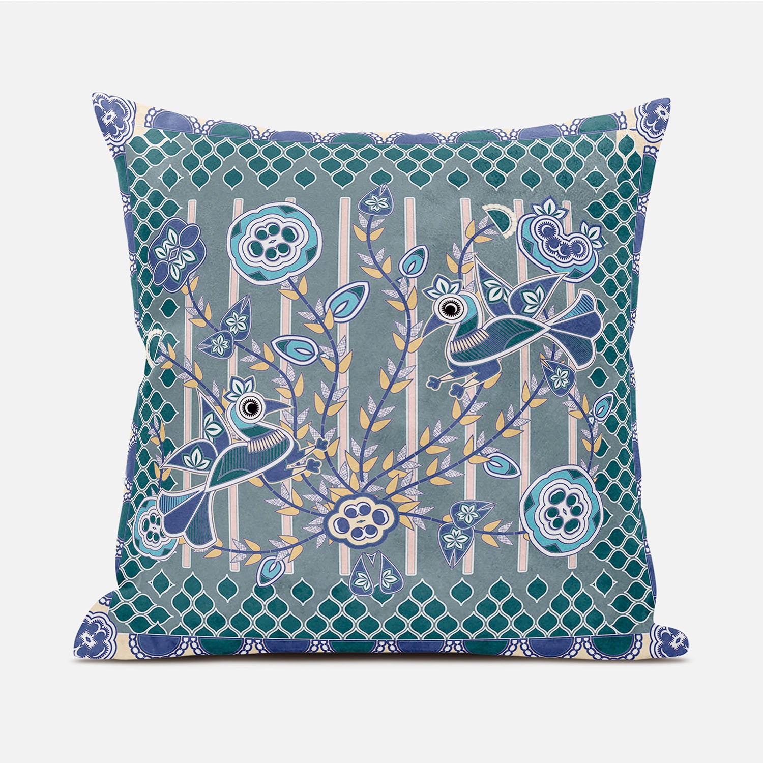 16" X 16" Blue and Gray Peacock Broadcloth Floral Zippered Pillow