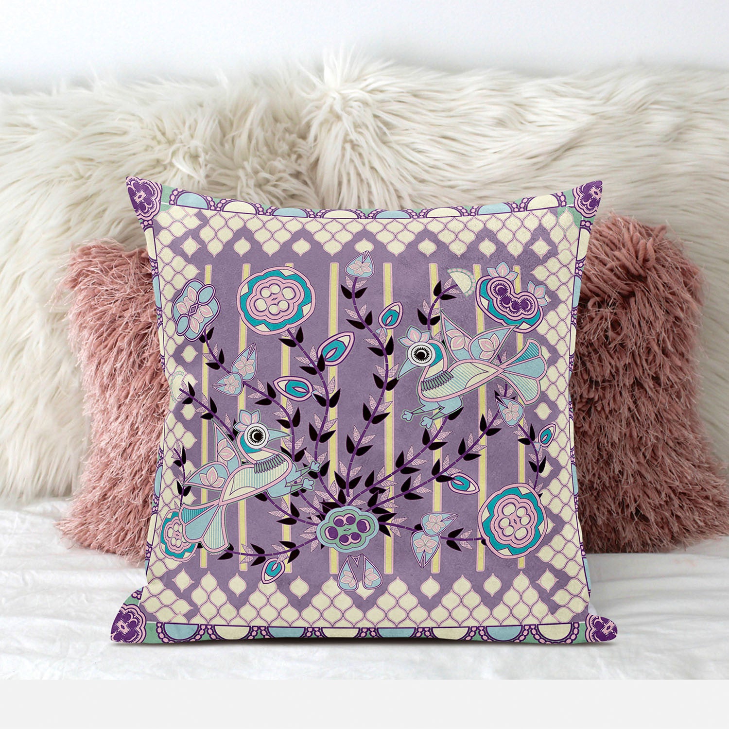 16" X 16" Blue and Purple Peacock Broadcloth Floral Zippered Pillow