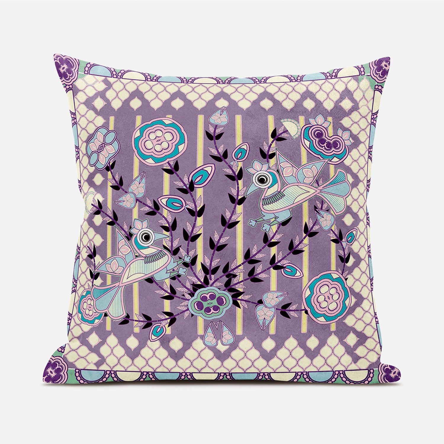 16" X 16" Blue and Purple Peacock Broadcloth Floral Zippered Pillow