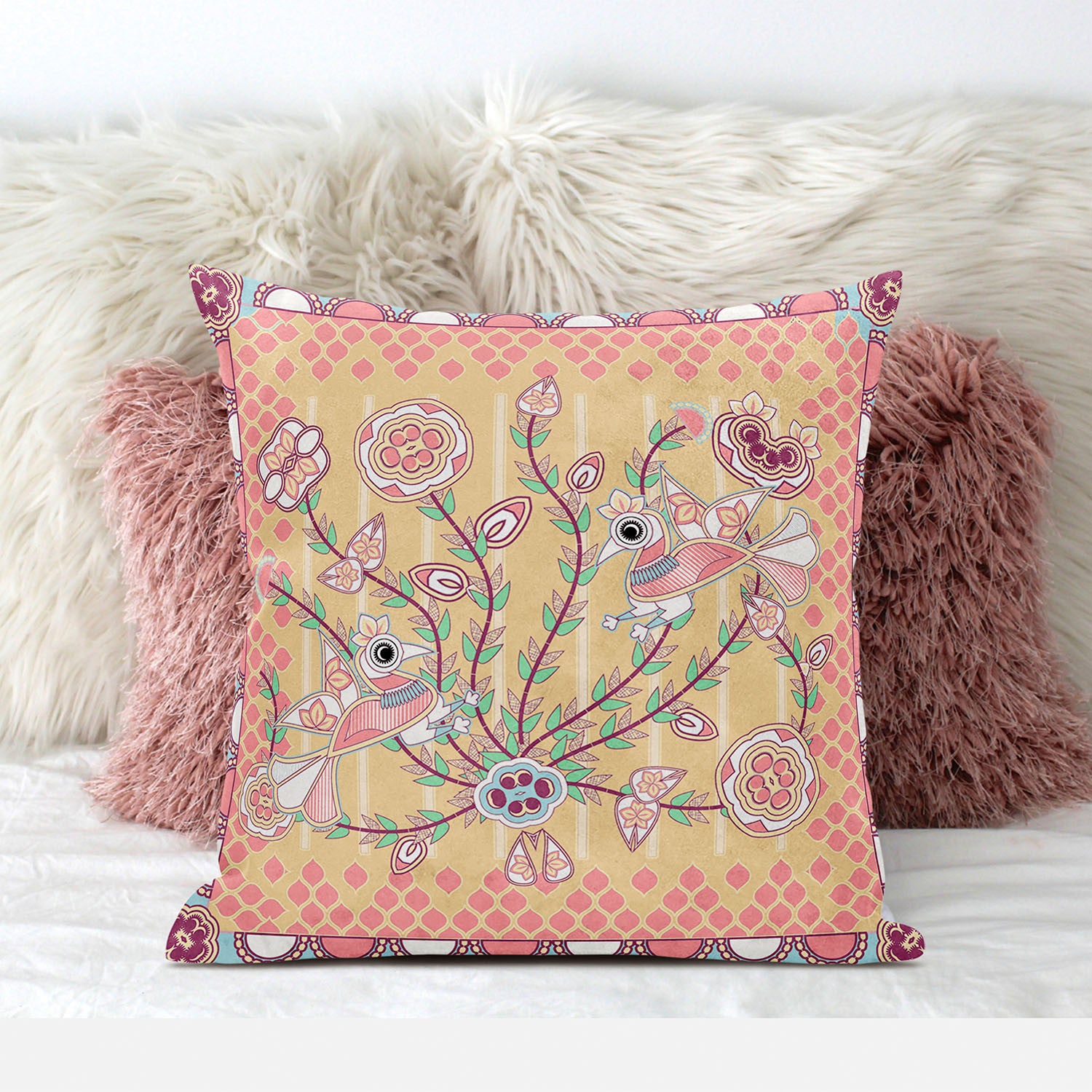 16" X 16" Yellow and Peach Peacock Broadcloth Floral Zippered Pillow