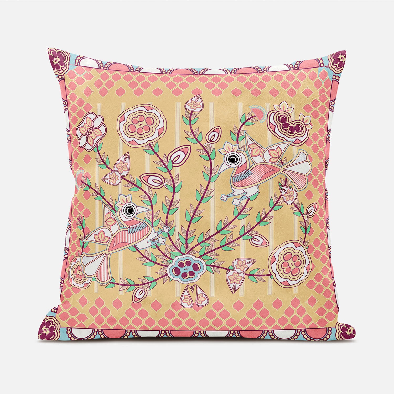 16" X 16" Yellow and Peach Peacock Broadcloth Floral Zippered Pillow