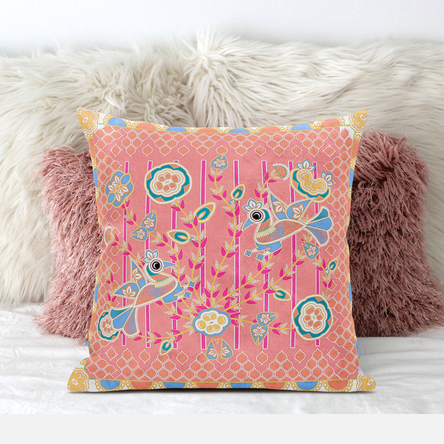 16" X 16" Yellow and Peach Peacock Broadcloth Floral Zippered Pillow