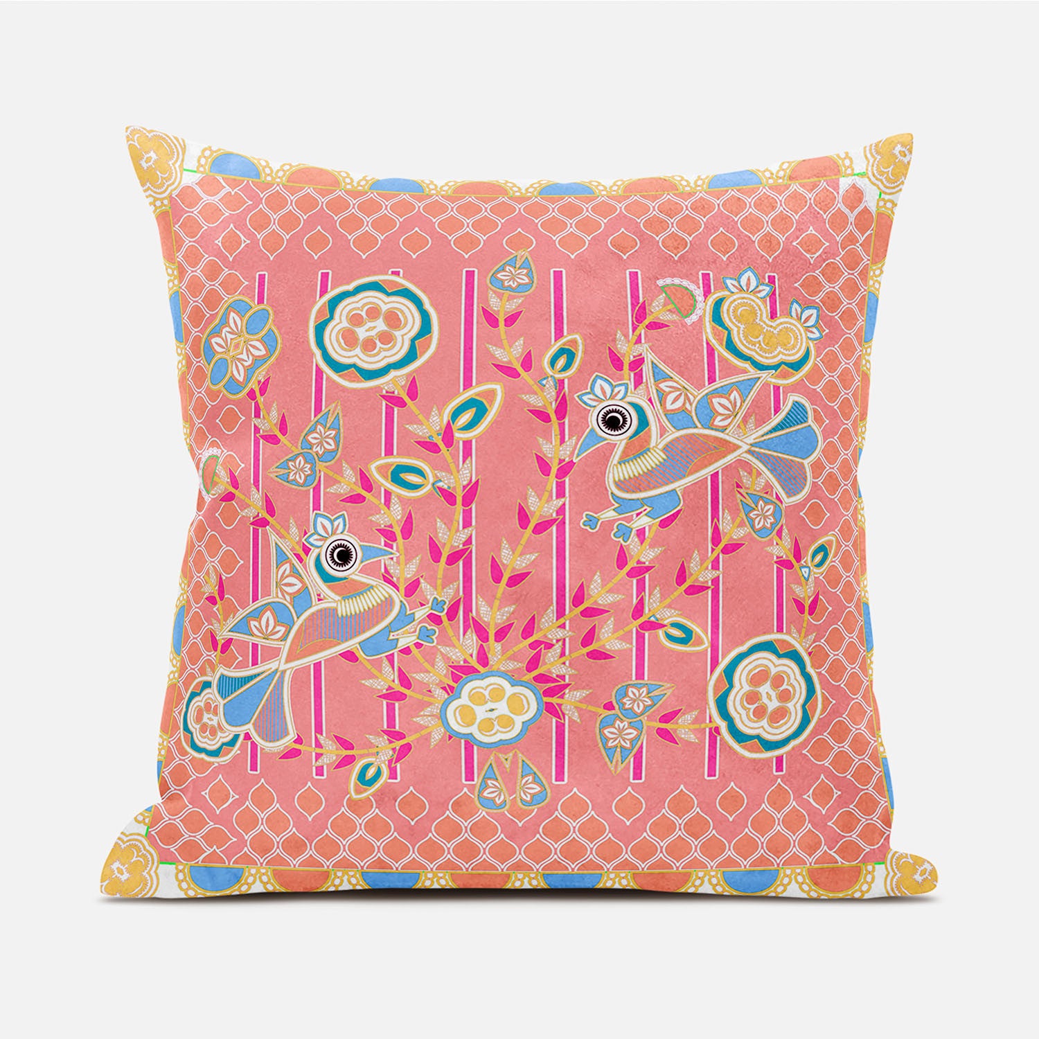 16" X 16" Yellow and Peach Peacock Broadcloth Floral Zippered Pillow