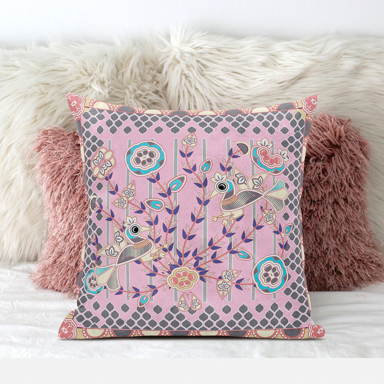 16" X 16" Gray and Pink Peacock Broadcloth Floral Zippered Pillow