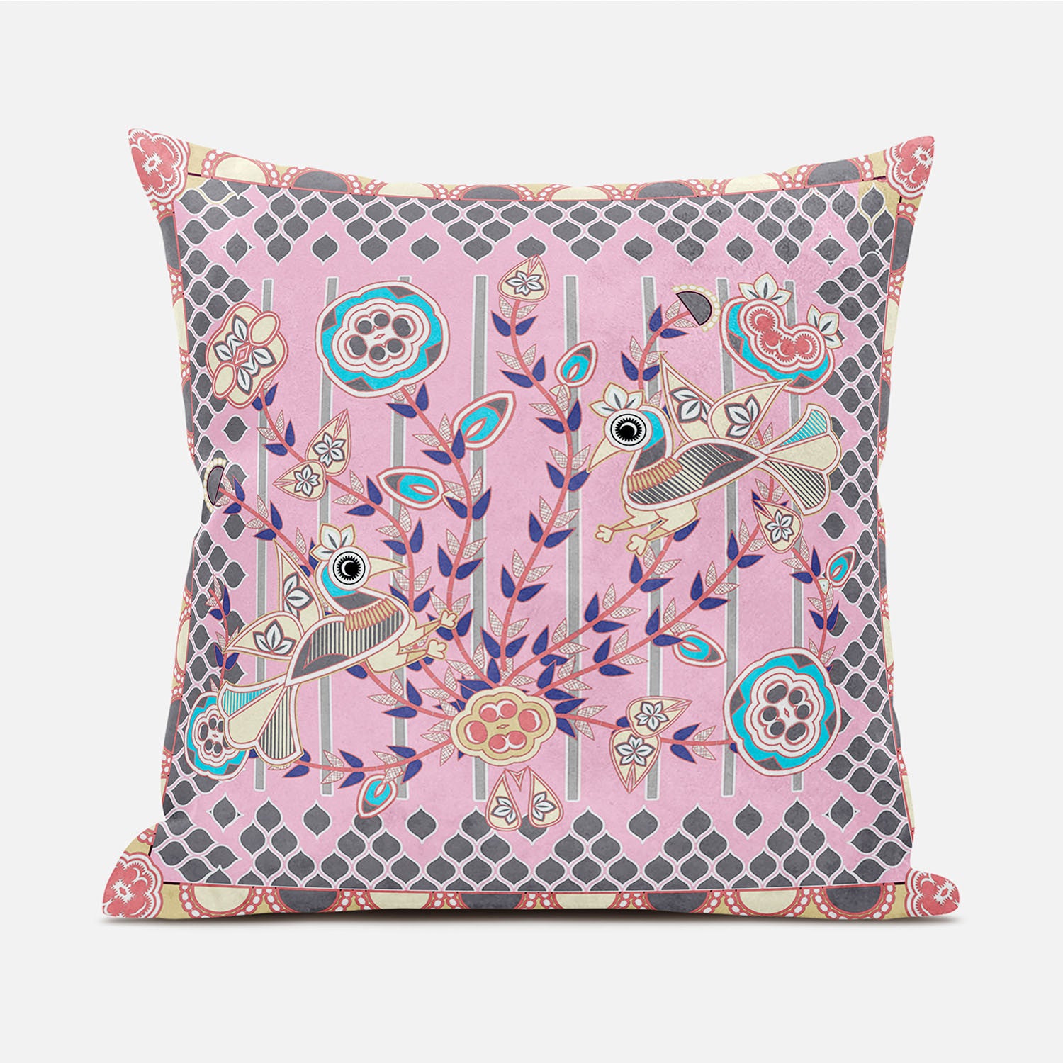 16" X 16" Gray and Pink Peacock Broadcloth Floral Zippered Pillow