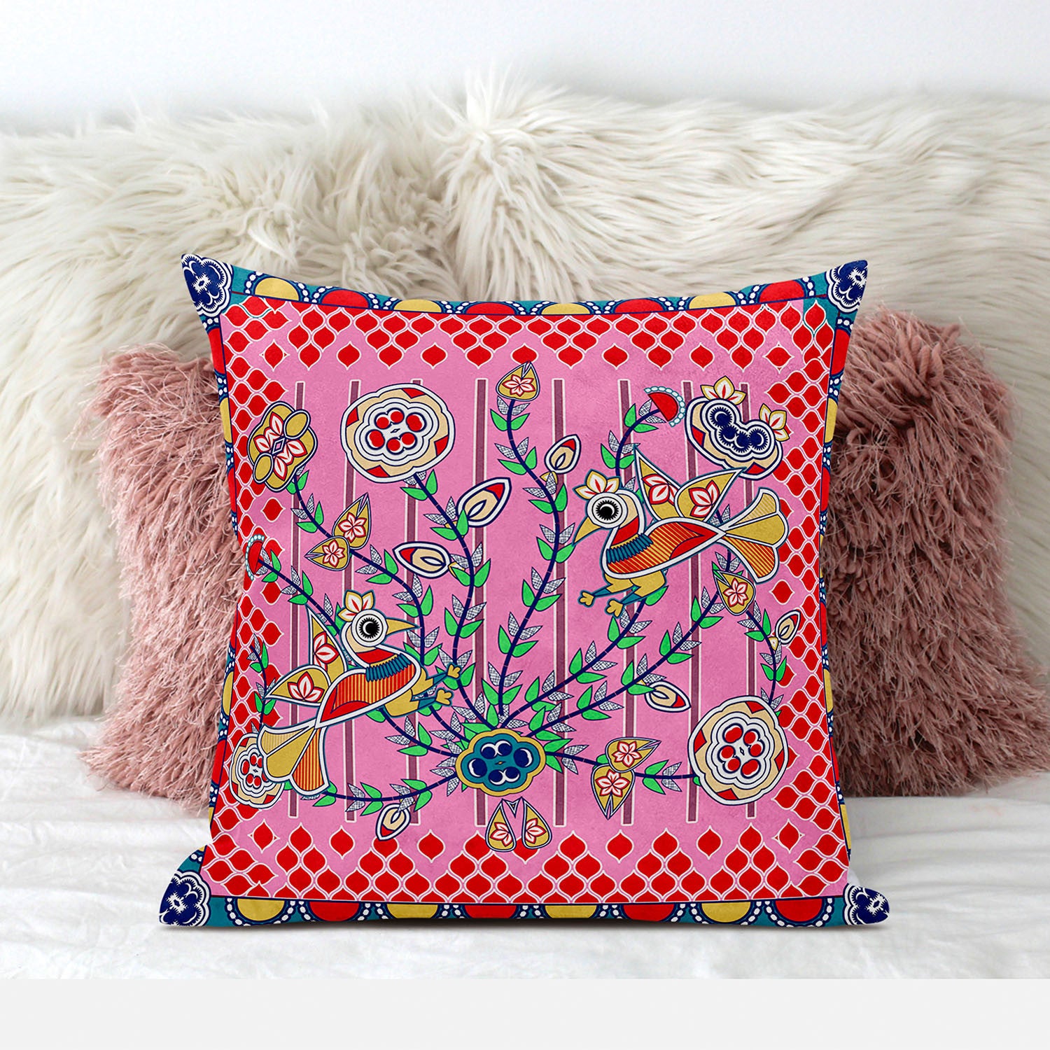 20" X 20" Red and Pink Peacock Broadcloth Floral Zippered Pillow