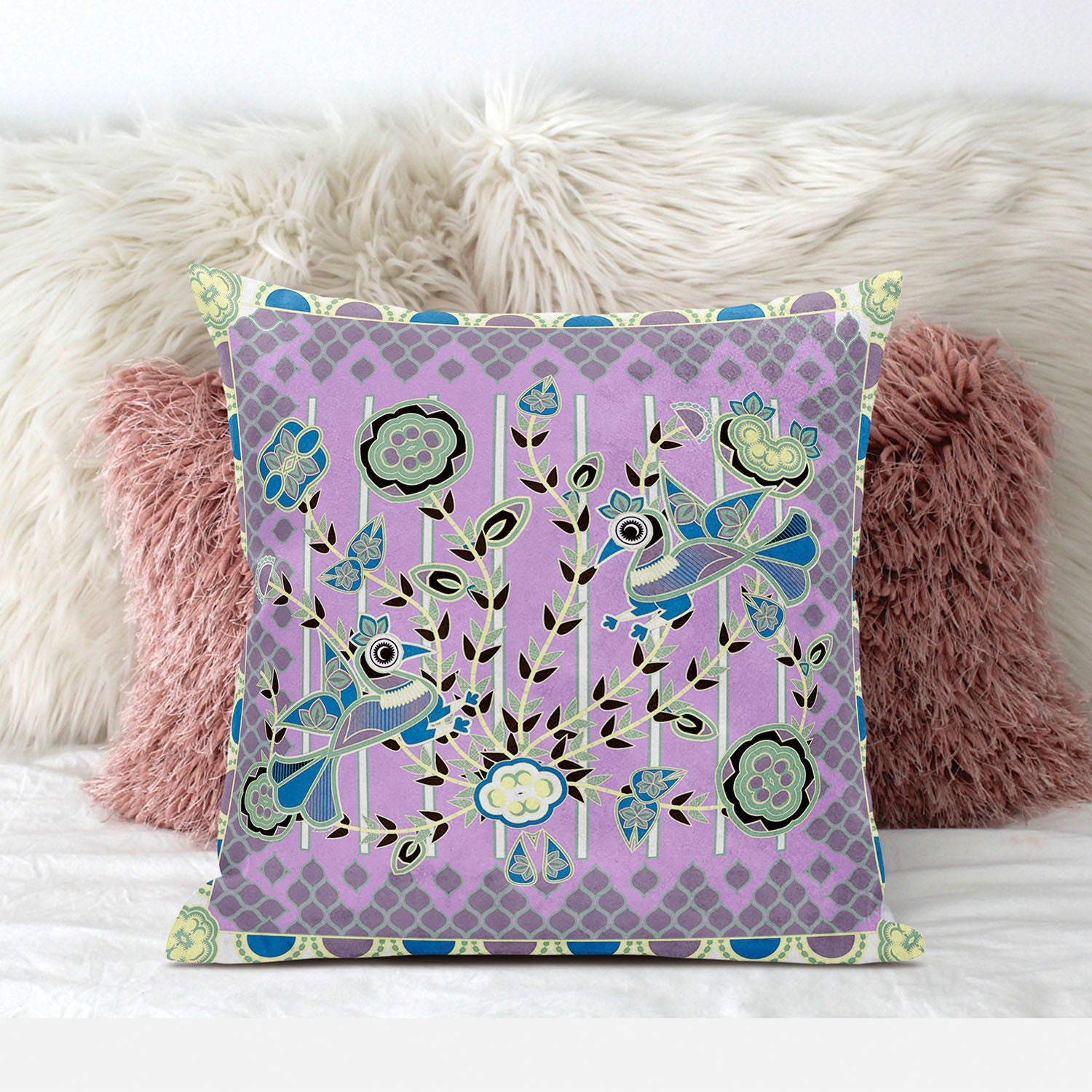 16" X 16" Purple and Black Peacock Broadcloth Floral Zippered Pillow