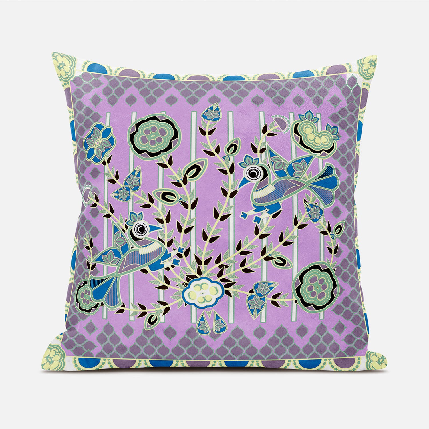 16" X 16" Purple and Black Peacock Broadcloth Floral Zippered Pillow