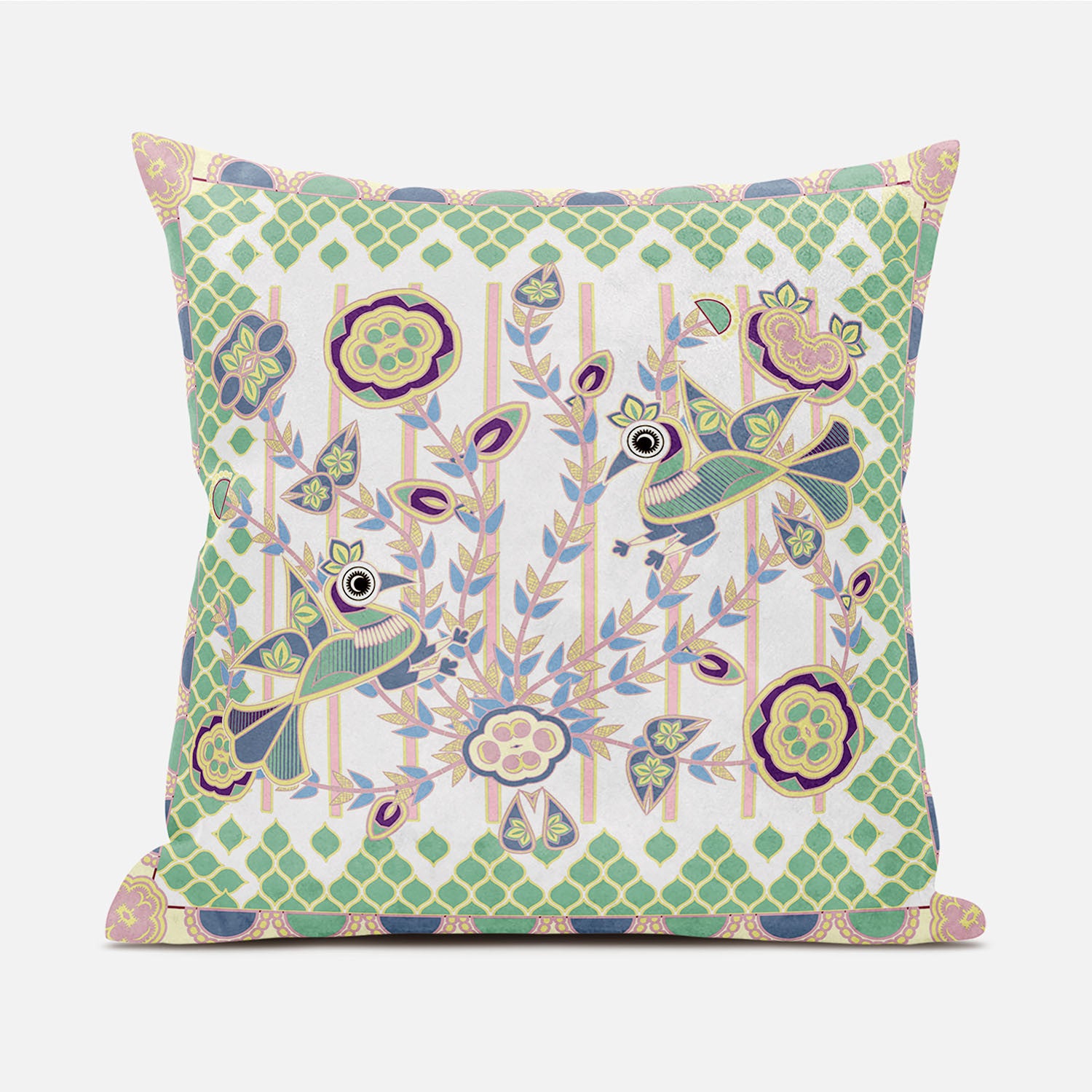 16" X 16" Green and Yellow Peacock Broadcloth Floral Zippered Pillow